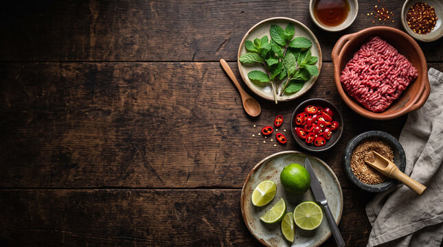 Top down view of traditional Asian spicy meat salad ingredients on dark wood with copy space
