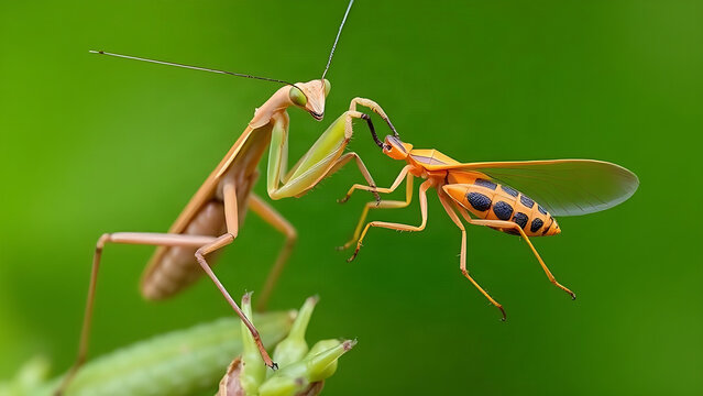 A praying mantis capturing a cicada with its forelegs in a natural setting.