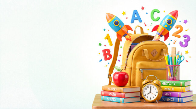 Back to School Banner with Yellow Backpack, Rockets, Books, and Copy Space