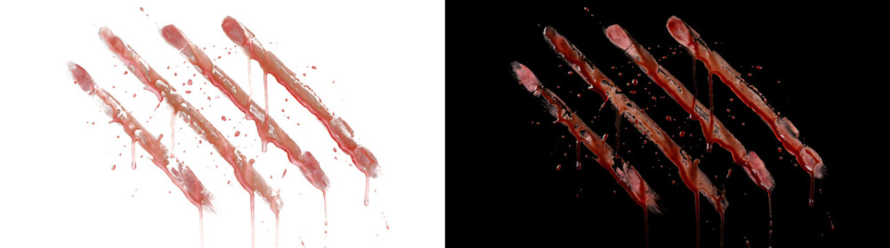 Blood claw marks showing diagonal scratch streaks with dripping drops used for horror PNG, Transparent and Black Background Versions designs