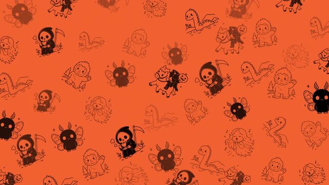 Cute cryptid doodle pattern: Bigfoot, Mothman, Nessie, Grim Reaper, Headless Horseman, Banshee. Seamless loop Halloween background, orange line art.