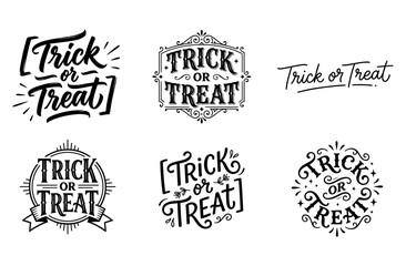 Naklejka premium Set of six creative trick or treat hand lettering designs for halloween holiday cards and party invitations