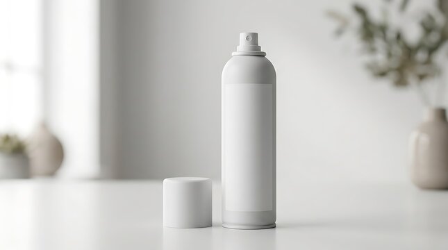 Blank white spray can mockup with a cap standing on a clean table in a bright room for cosmetic or hair care branding