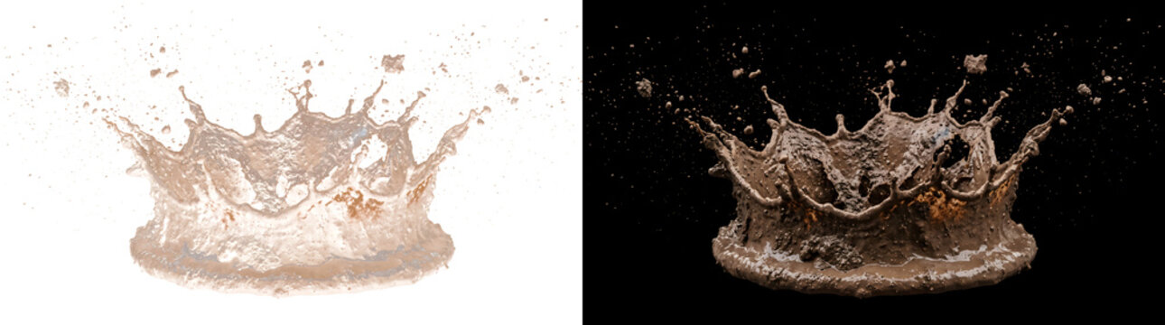 Mud splash forming a crown shaped burst with textured dirt debris used for environmental PNG, Transparent and Black Background Versions designs