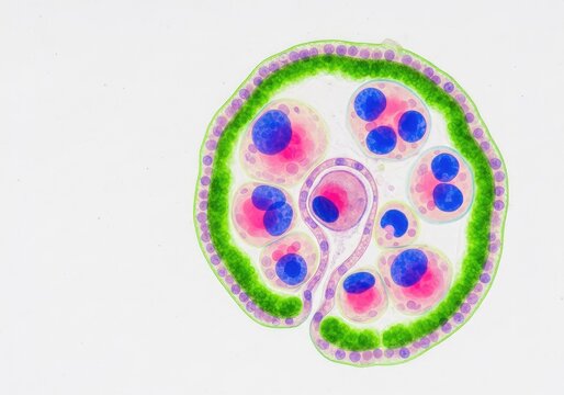 Detailed scientific microscope view of an embryo at the blastocyst stage showing cellular structure and development during early gestation, structure, closeup, cells