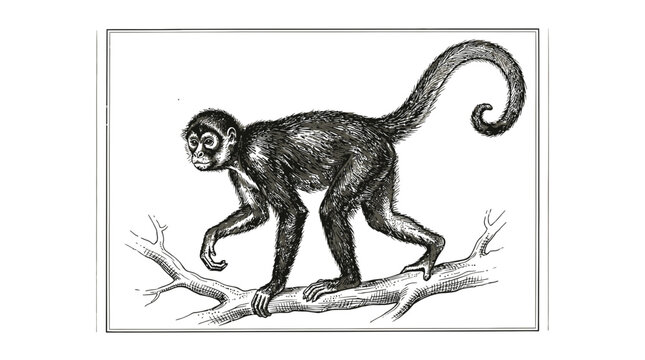 Detailed vintage engraving showing a small spider monkey walking carefully along a rough wooden branch texture