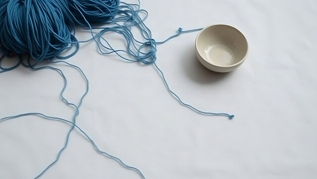 Short blue wool threads and ceramic bowl on white linen, discontinuous lines, calm minimal art concept, header space
