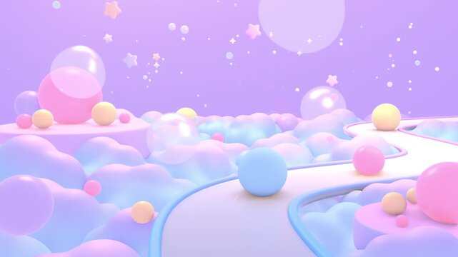 Flying through dreamy pastel balls on clouds animation. (loop)