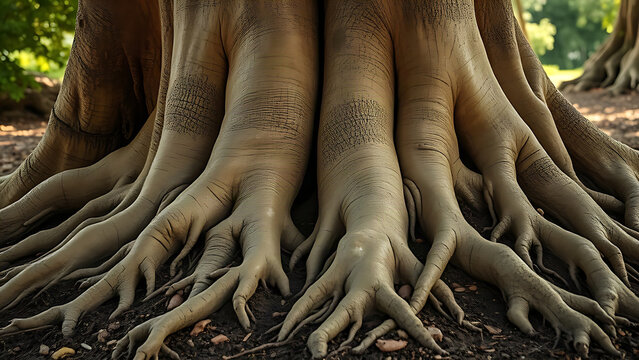 Two large tree roots entangled underground, causing the ground to bulge with morning light.