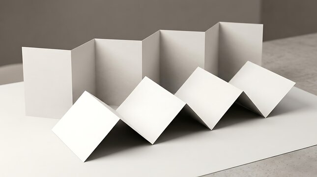 Blank white paper accordion fold brochure mockups standing on a clean flat surface for professional design display