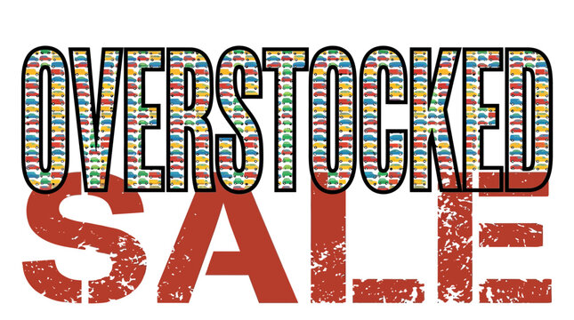 Overstocked sale typography graphic featuring colorful small car patterns and bold distressed red text elements