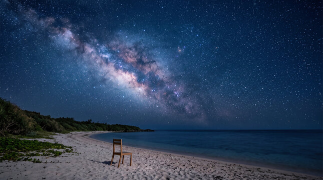 Wooden chair on quiet sandy beach under milky way star sky with copy space