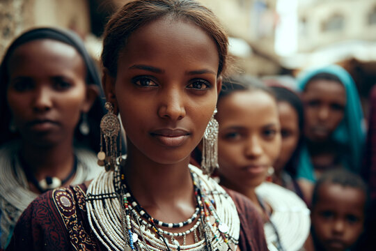 Women in traditional dress in a market in Africa