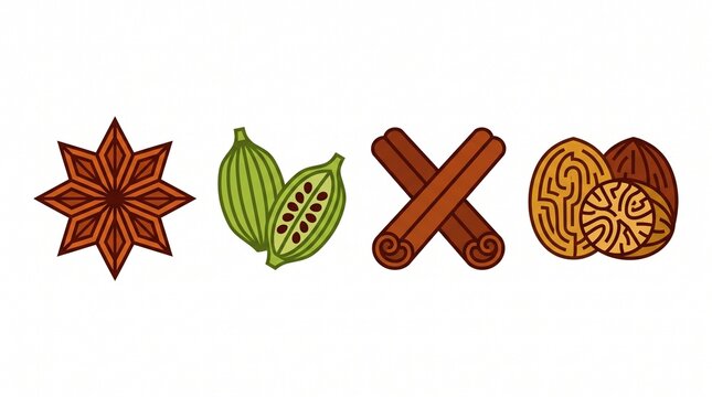 Aromatic Spices Vector Illustration Set, featuring Star Anise, Cardamom Pods, Cinnamon Sticks, and Nutmeg, isolated on white for culinary and ingredient designs