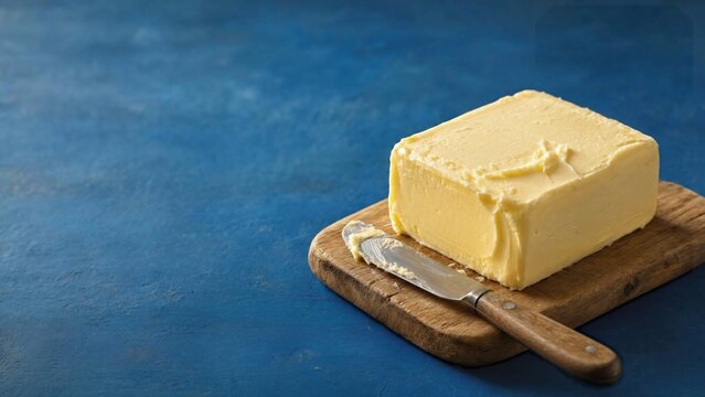 Block of fresh creamy butter on rustic wooden cutting board with vintage knife against vibrant blue background, minimalist food photography with copy space
