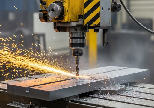 Industrial machine drilling a precise hole in steel, spraying metallic shavings and dust across the surface in a noisy factory setting, fabrication, process, metal