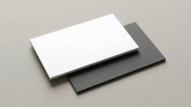 Blank white and black business cards stacked on a neutral grey surface for professional corporate branding presentation