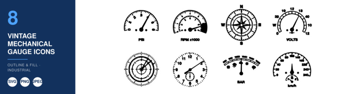 Gauges Collection of Eight Vintage Mechanical Outline and Fill Industrial Icons for Various Measurements.
