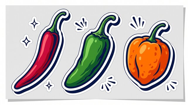 Vibrant cartoon chili peppers sticker set, featuring red, green, and orange peppers with white outlines, isolated on a light gray background, ideal for food-related designs and spicy themes