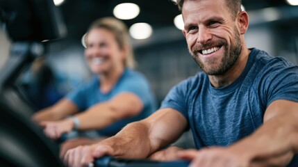 Fototapeta premium Training partners rowing together on machines in modern fitness facility