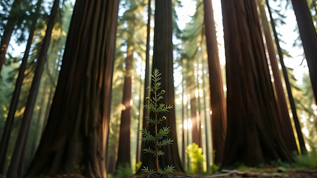Young redwood sapling growing at the base of tall mature trees in morning light.