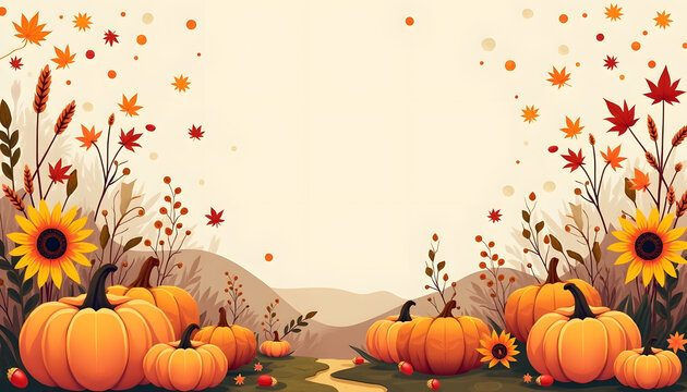 Autumn Pumpkin Background with Sunflowers, Berries and Winding Path