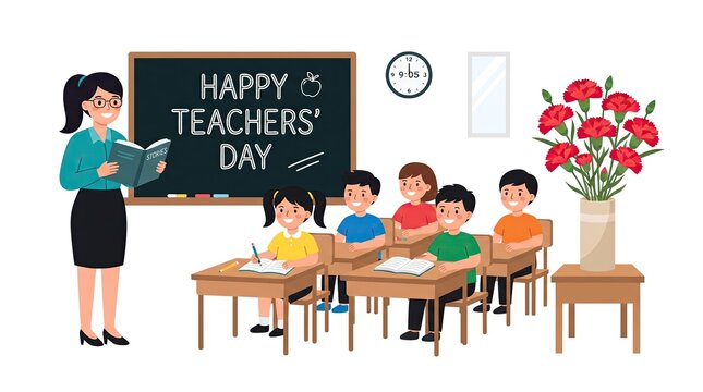 Happy teachers day classroom illustration with teacher teaching students reading book and writing on desks near blackboard