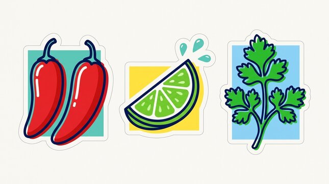 Vibrant Mexican food ingredient stickers, two red chili peppers, a green lime wedge with splashes, and fresh cilantro leaves, isolated on a light gray background, perfect for culinary design