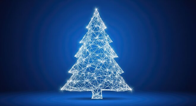 Modern abstract Christmas tree formed by a low poly network of white lines and glowing points on a deep blue artistic gradient background, pattern, low poly, minimalist