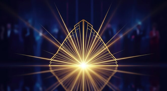 Modern art deco illustration with golden geometric patterns and glowing rays of light reflecting across a dark luxury party atmosphere, lines, glamour, art deco