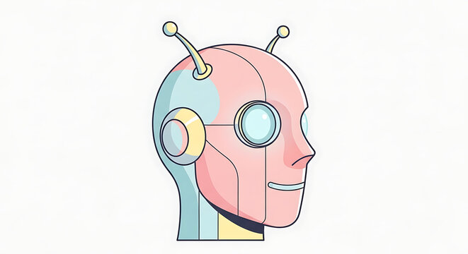 Minimalist profile view of friendly pastel colored robot head illustration for digital tech concepts