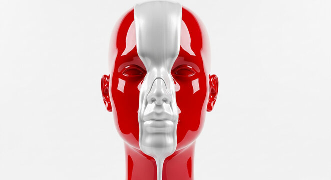 Glossy red and silver mannequin head, split down the middle, symbolizing duality, contrast, and identity, suitable for abstract concepts.