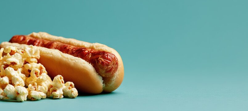 Hot dog and popcorn cluster on aqua background with right copy space