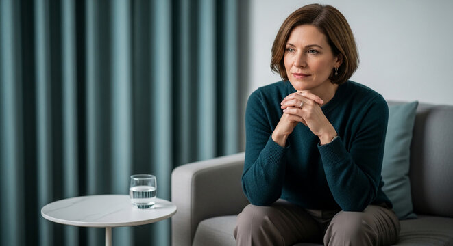 Mature woman with hands clasped sits thoughtfully on a sofa, with a glass of water and curtains in the background, symbolizing contemplation and tranquility