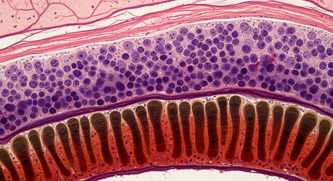 Microscopic view of biological tissue with purple cell nuclei and pink vasculature, representing cellular structure and biological process