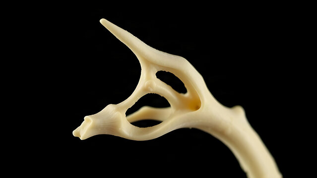 Micrograph of a delicate human stapes bone, stirrup-like structure.