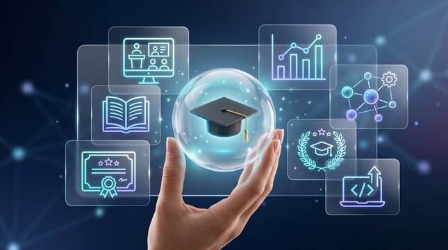 Online Learning Management System LMS Concept with Glowing Graduation Cap inside Crystal Sphere