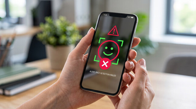 Phone screen displays a failed face detection alert with an exclamation mark and cross, symbolizing access denied or security breach.