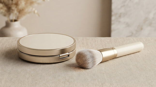 Elegant makeup compact and soft powder brush on a beige stone surface with a minimalist aesthetic background