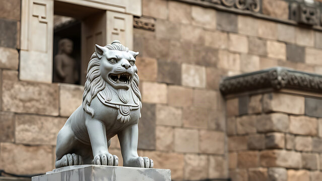 Stone lion sculpture guarding ancient stone wall with dignified expression.