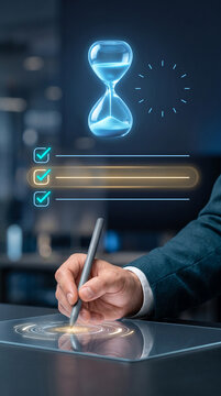 Digital hourglass and checklist with person using stylus on futuristic tablet, symbolizing time management and task completion, perfect for business or productivity concepts.