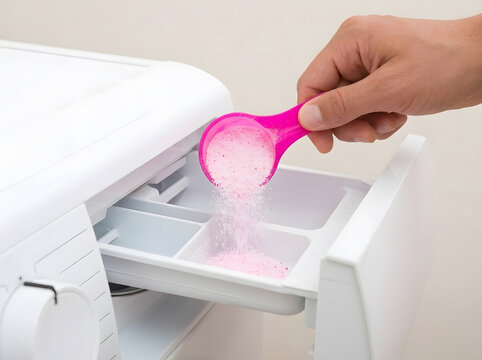 Hand Pouring Pink Powder Detergent into Washing Machine Drawer | Adding Laundry Powder with Pink Scoop into Washing Machine Dispenser | Person Measuring Washing Powder into Front Load Washer Drawer 