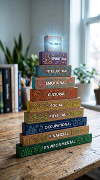 Wooden blocks stacked to illustrate the dimensions of wellness, a concept of holistic health and balance, set against a soft background