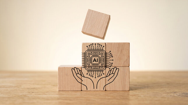 Wooden blocks stacked to form a podium with an AI chip illustration, symbolizing innovation, progress, and technology development