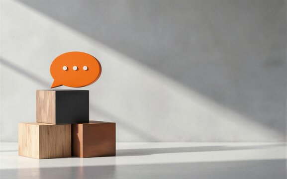 Orange speech bubble rests atop wooden blocks in minimalist concrete space.