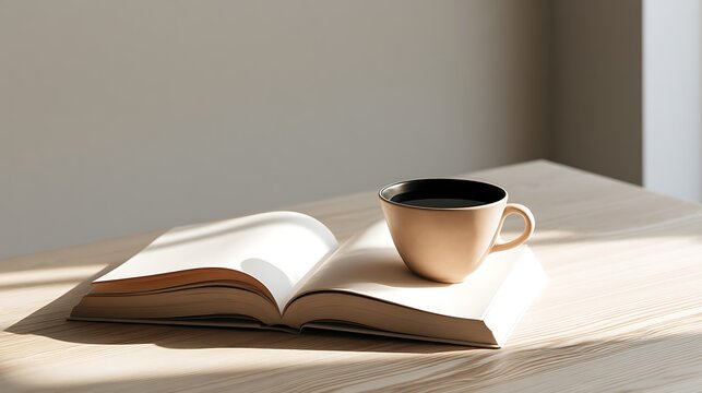 coffee cup on a table with an open book