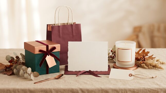 Autumn-themed gift wrapping and stationery on a rustic table setting for Thanksgiving Thanksgiving