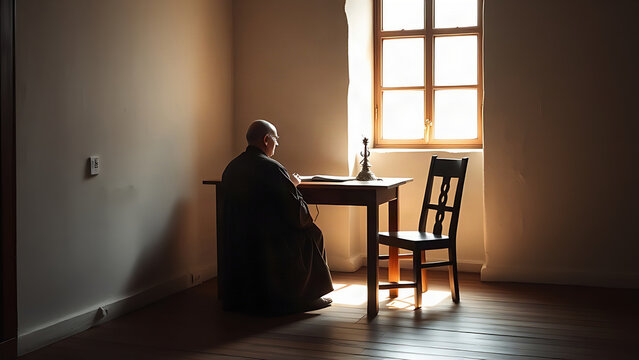 A monk's simple room with a plain desk and chair, soft natural light from the window.