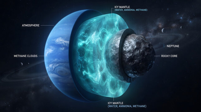 A detailed 3D infographic diagram illustrating the internal layers and cross-section structure of the planet Neptune, showing the rocky core, glowing icy mantle of water, ammonia, and methane, atmo...