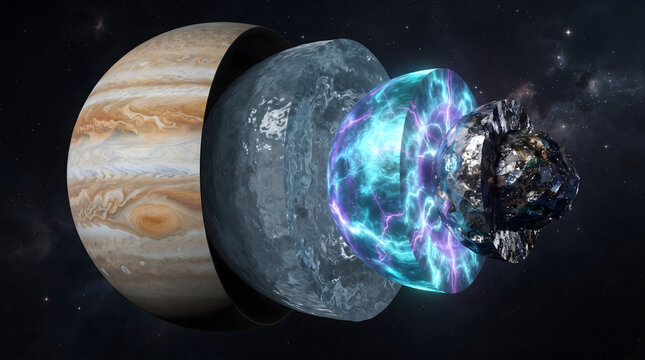 A detailed scientific 3D illustration depicting the internal layers and core structure of the planet Jupiter. The cross-section reveals the outer gaseous atmosphere, liquid molecular hydrogen layer...